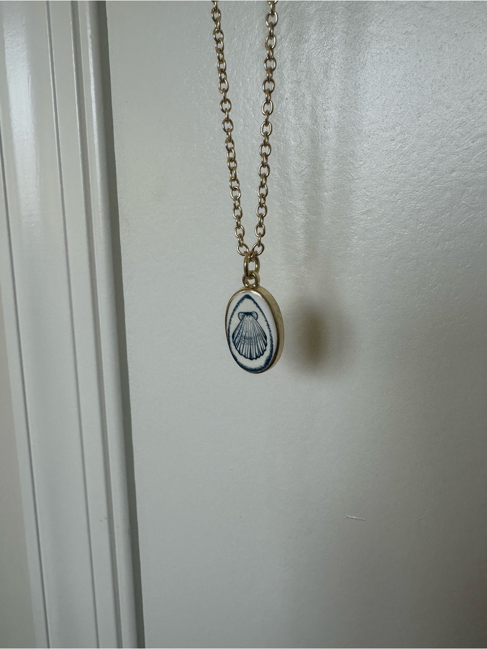 18” Gold Chain Necklace with Shell Pendant - Blue & White Enamel